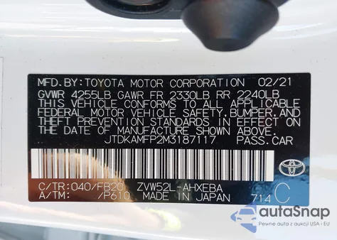 2021 Toyota Prius Prime Le from USA, damaged, VIN JTDKAMFP2M3187117